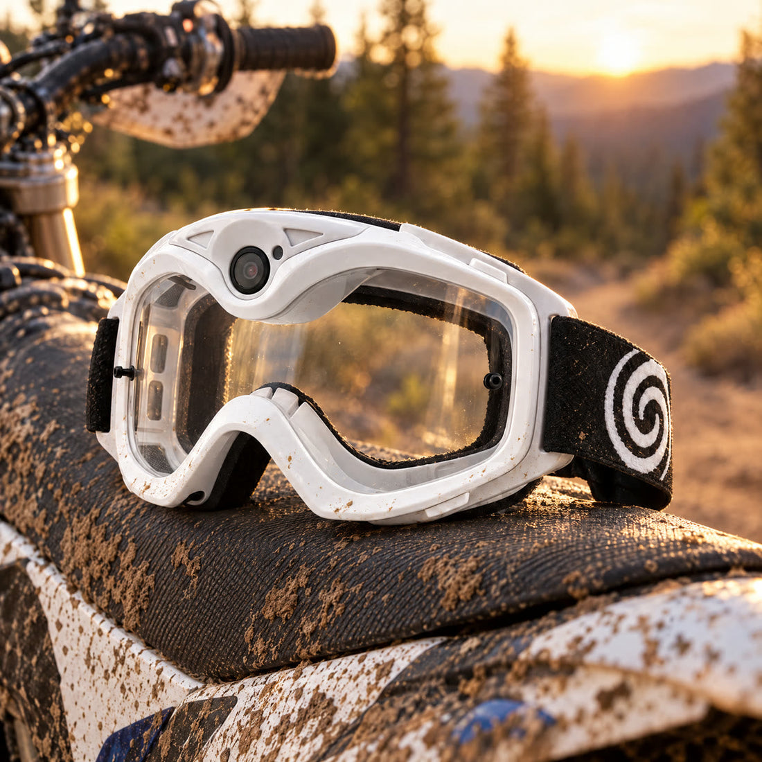 Dirt Vision POV Goggles resting on a dirt bike