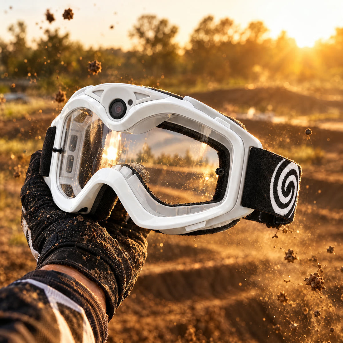 Dirt Vision POV Goggles held over a dirt track
